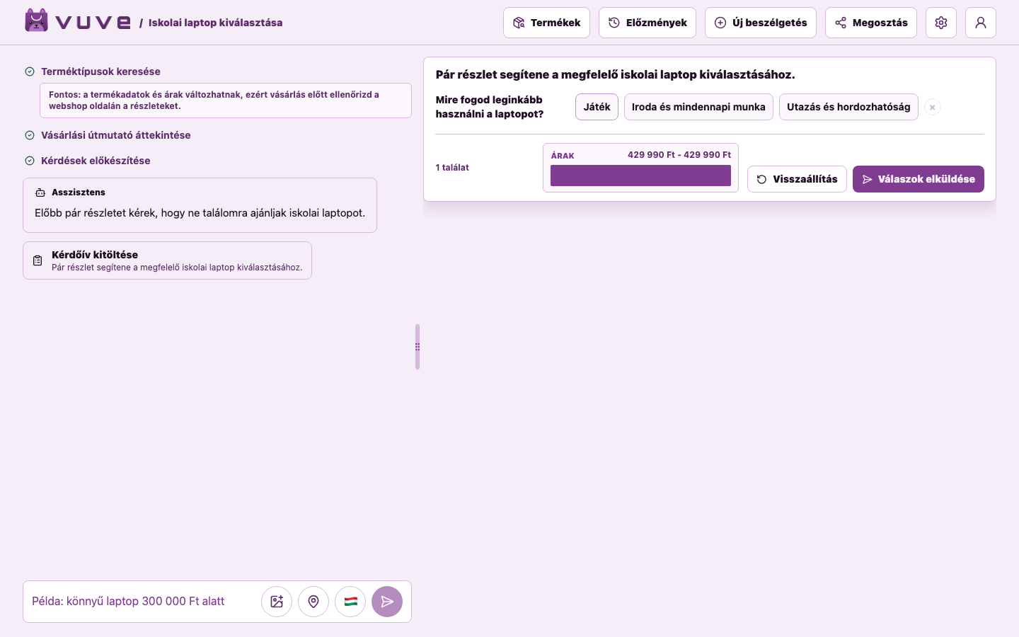 Clickable vuve questionnaire asking a non-expert laptop use-case question defined in the catalog schema