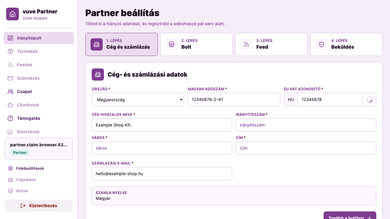 Guided vuve partner onboarding wizard showing organization, shop, feed, and submission steps